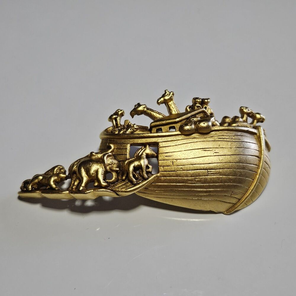 Vintage Matte Gold Tone Noah's Ark Pin Brooch with Animals Signed AJC